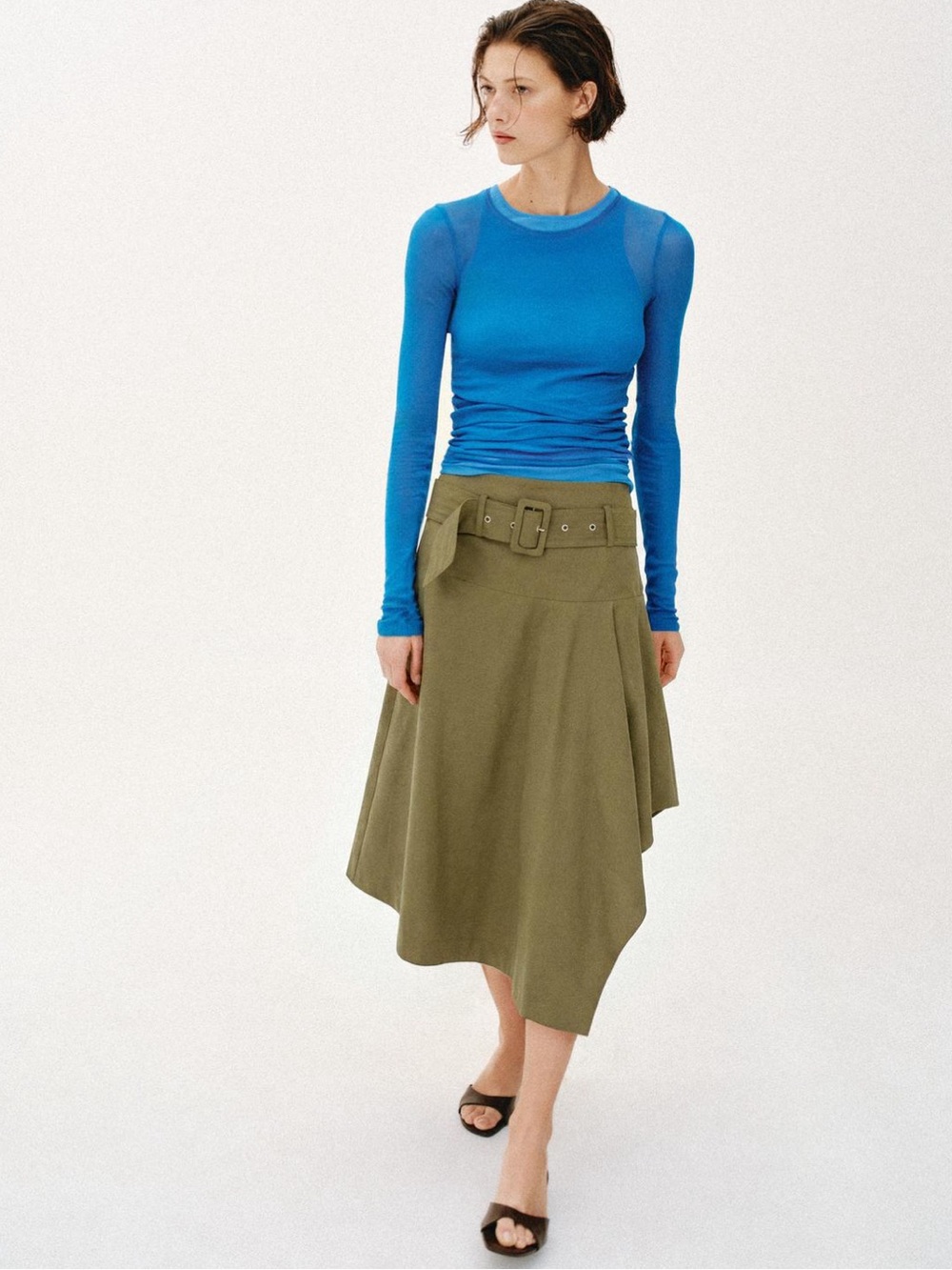 Zara Olive Asymmetrical Midi Skirt with Belted Waist
